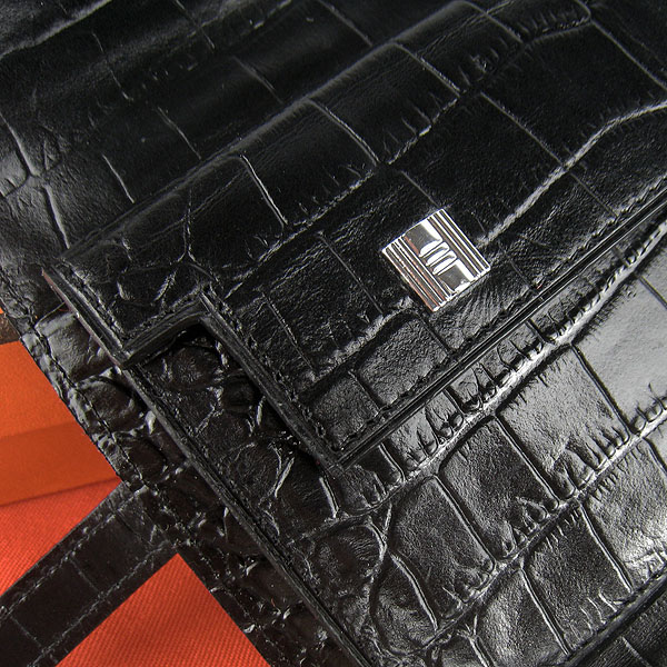 High Quality Hermes Kelly Crocodile Veins Long Clutch Bag Black H009 Replica - Click Image to Close